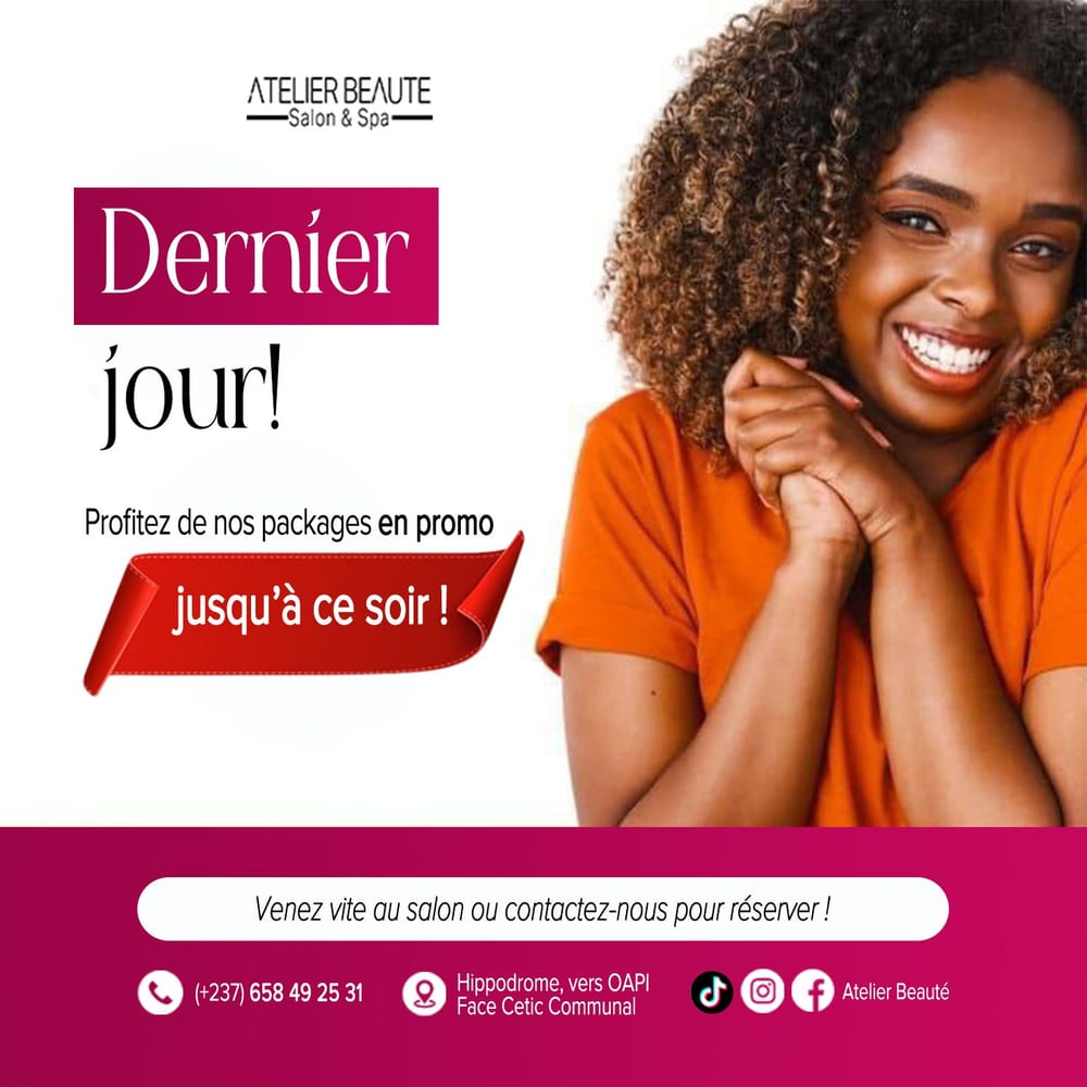 Affiche promotionnelle Atelier Beauté avec une cliente souriante